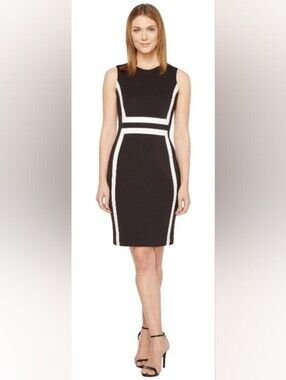 Calvin Klein Black - Ivory Sheath Scuba Sleeveless Dress Misses Size 4